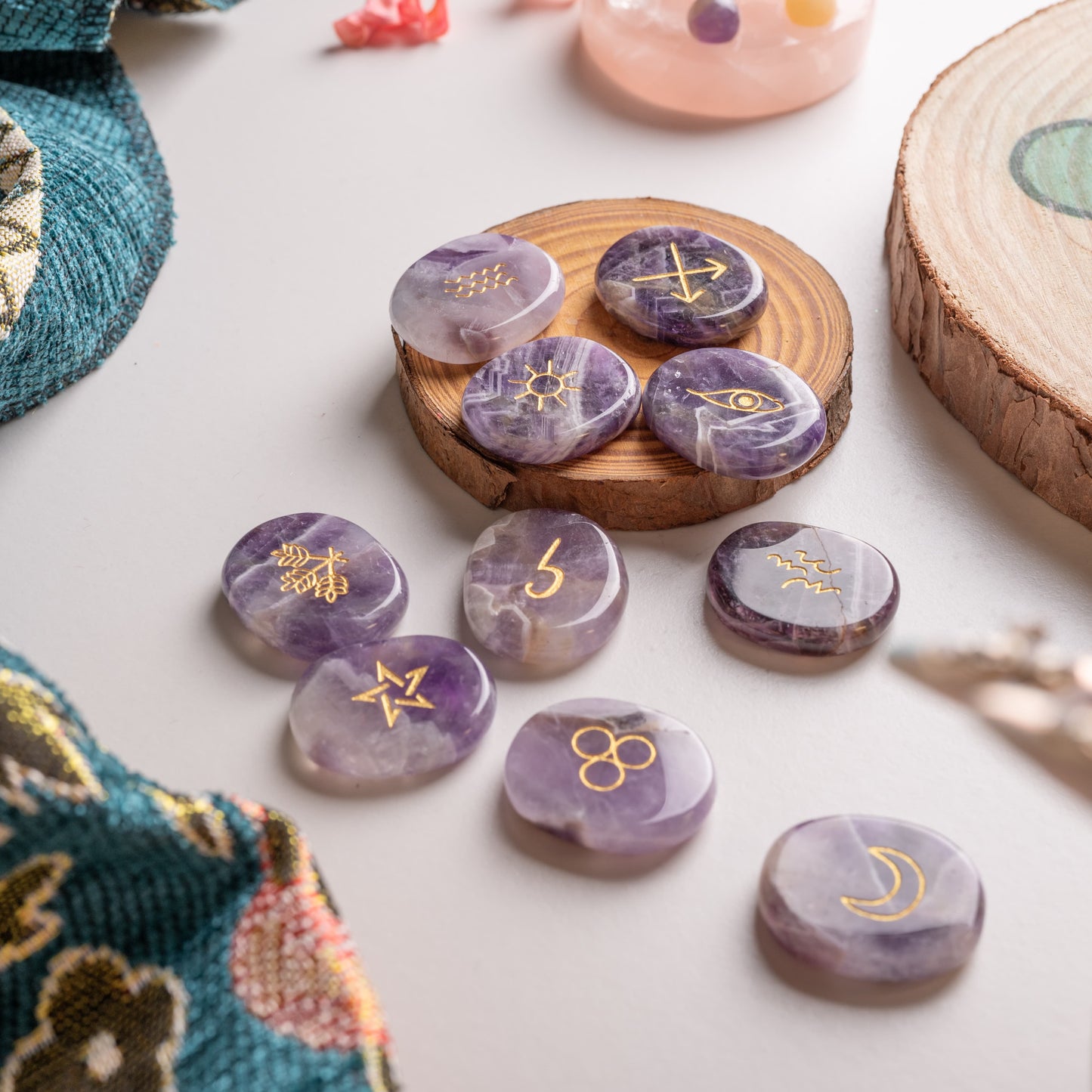 Close-up of a rune crystal engraved with ancient glyphs, deep violet amethyst.