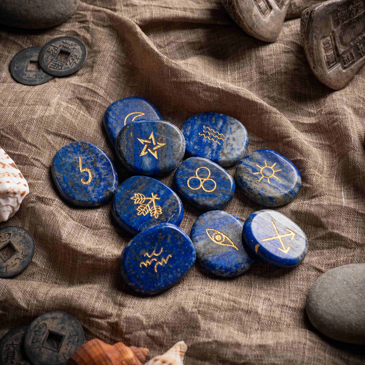 Crystal runes set of 10 stones on stand, blue quartz and amethyst.