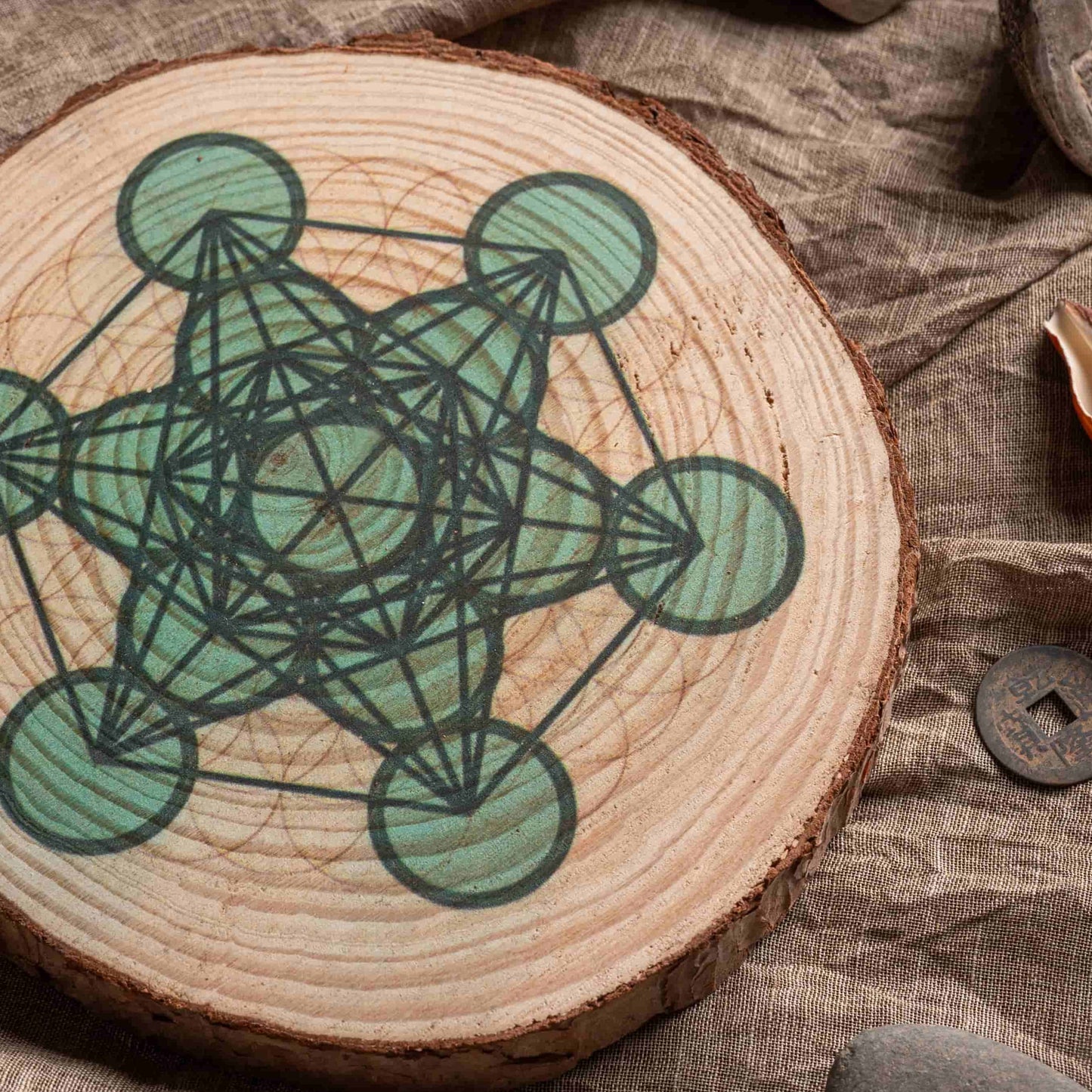 Metatron’s Cube crystal grid board with sacred geometry engraving on pine wood.