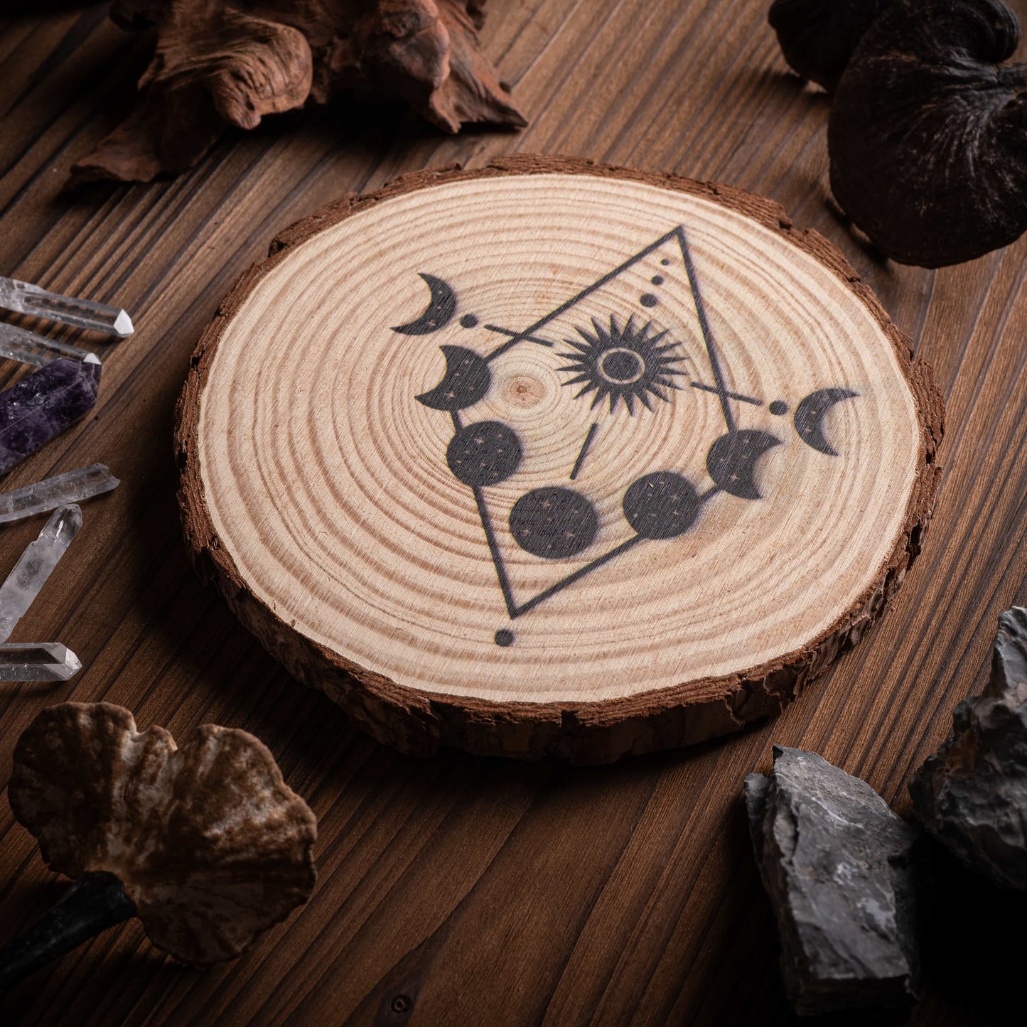 Moon Cycle crystal grid board with sacred geometry and lunar phase design.