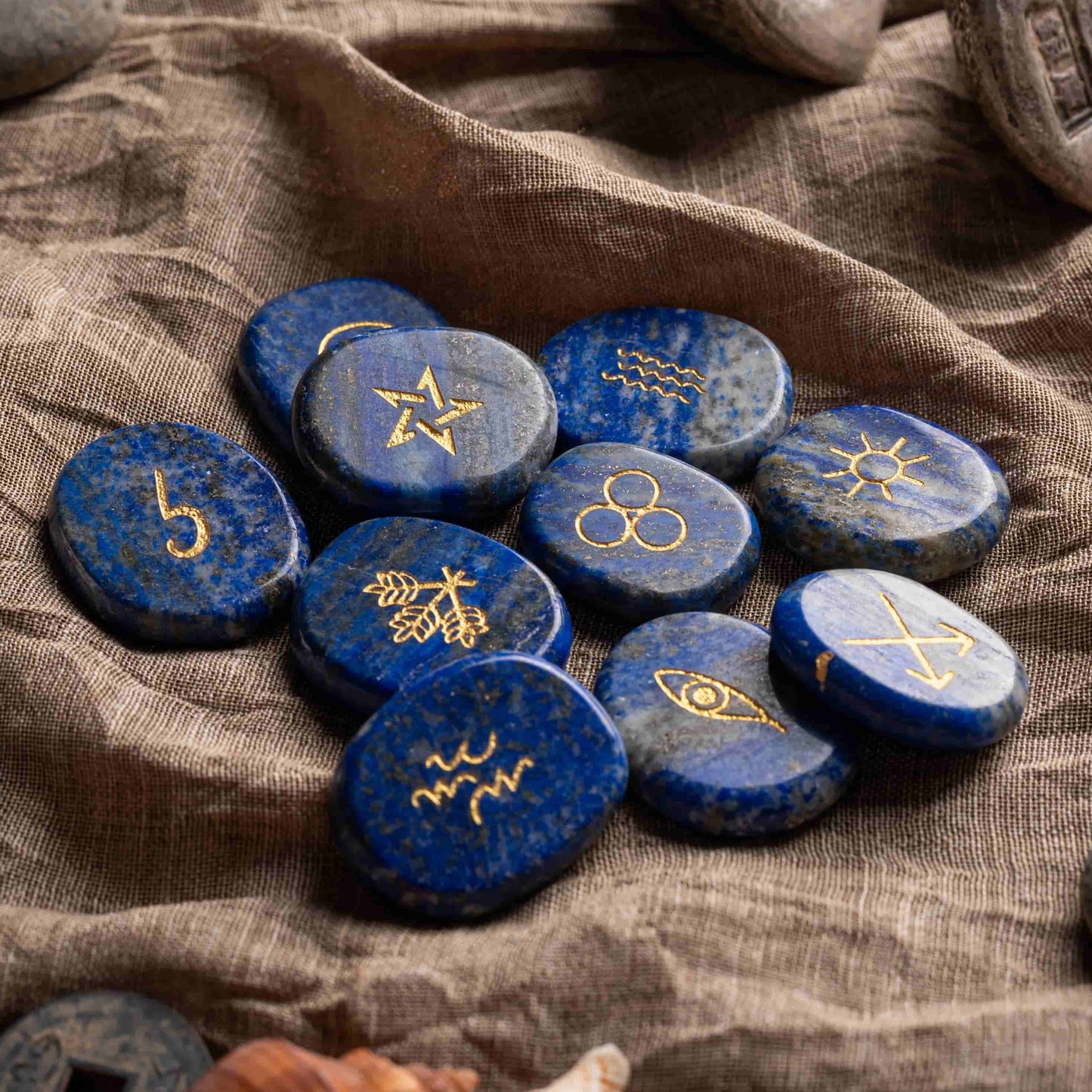 Close-up of mystic crystal rune with ancient engraved symbol.