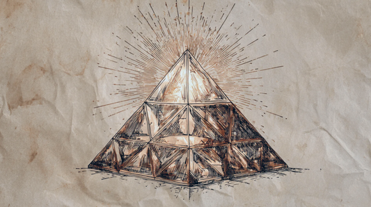 A harmonious setup of copper pyramids, runes, crystal bowls, and healing stones representing rituals to cleanse and activate crystal energy for wealth and success.