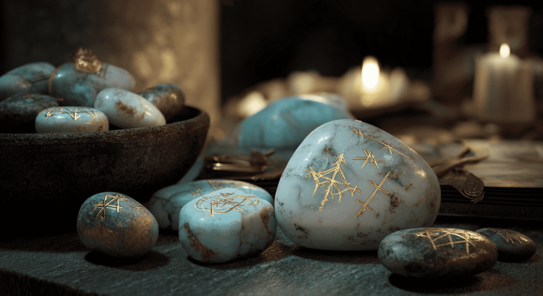 A collection of powerful tools including turquoise rune stones, sun catchers, and crystal grids, designed to charge and amplify the healing power of crystals.