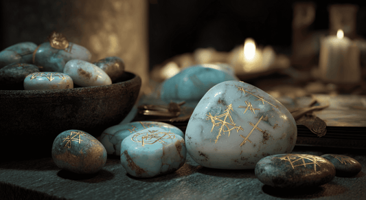 A collection of powerful tools including turquoise rune stones, sun catchers, and crystal grids, designed to charge and amplify the healing power of crystals.
