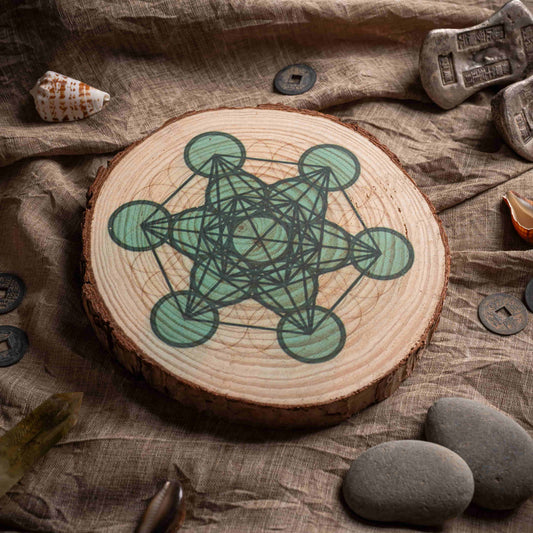 Top view of a Metatron’s Cube Sacred Geometry Crystal Grid Board with citrine and pyrite crystals placed at precise points, illustrating energy flow for wealth manifestation.
