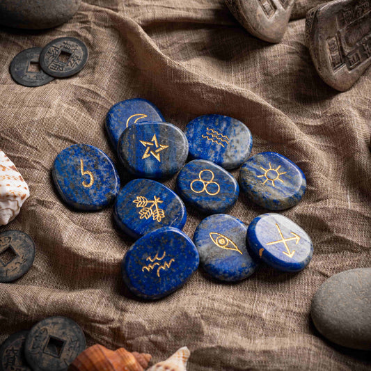 Crystal runes set of 10 stones on stand, blue quartz and amethyst.