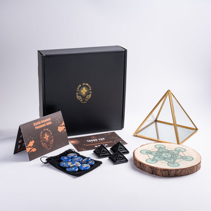 Crystal set designed for abundance and success, including sacred geometry and prosperity tools.