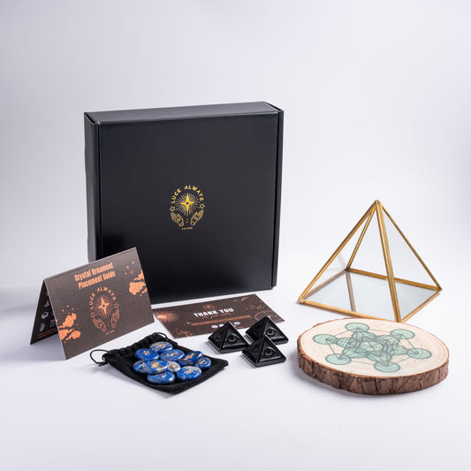 Crystal set designed for abundance and success, including sacred geometry and prosperity tools.