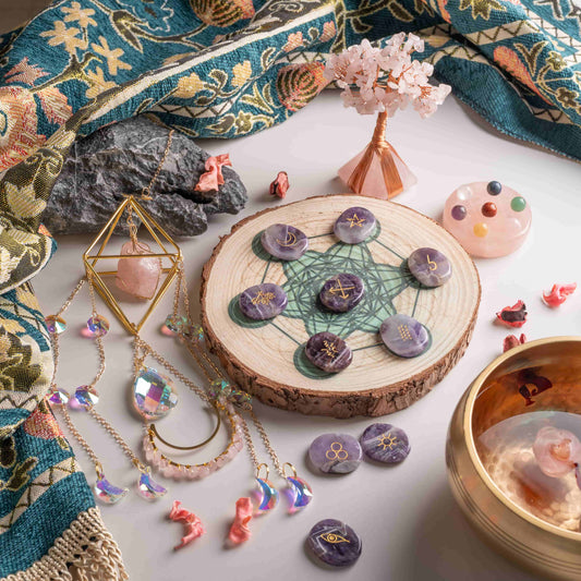Love & Happiness crystal set with chakra stones, sun catcher, and grid board.