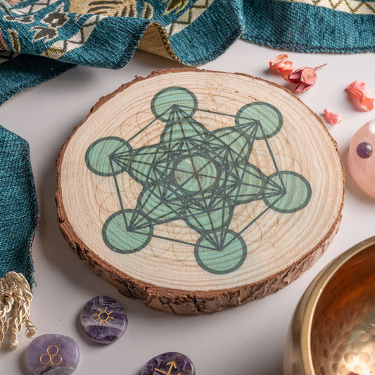 Metatron's Cube sacred geometry crystal grid board, pine wood, 7.09 inches.