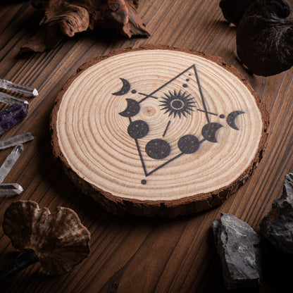 Moon Cycle crystal grid board with sacred geometry and lunar phase design.