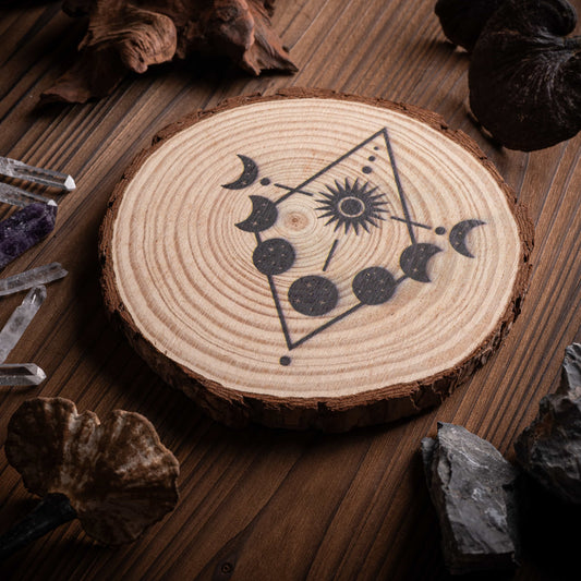 Moon Cycle crystal grid board with sacred geometry and lunar phase design.