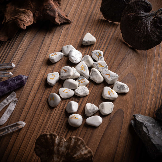 Mystic crystal runes set of 10 white turquoise stones with sacred symbols.