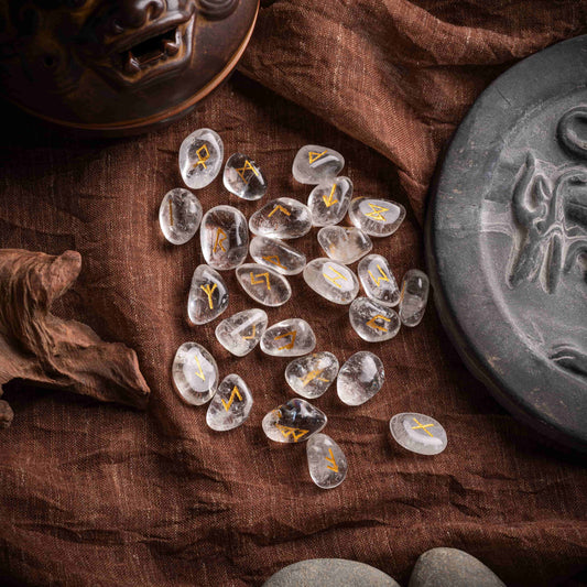 Mystic crystal runes set for divination and healing, crafted from white crystal.
