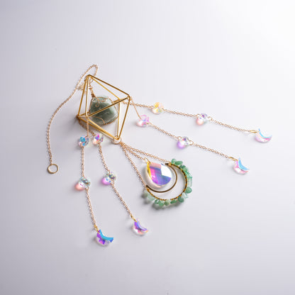 Real crystal suncatcher hanging in sunny window, promoting harmony and health.