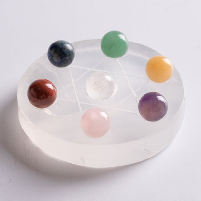 Stones for chakra healing displayed on altar for spiritual practice.